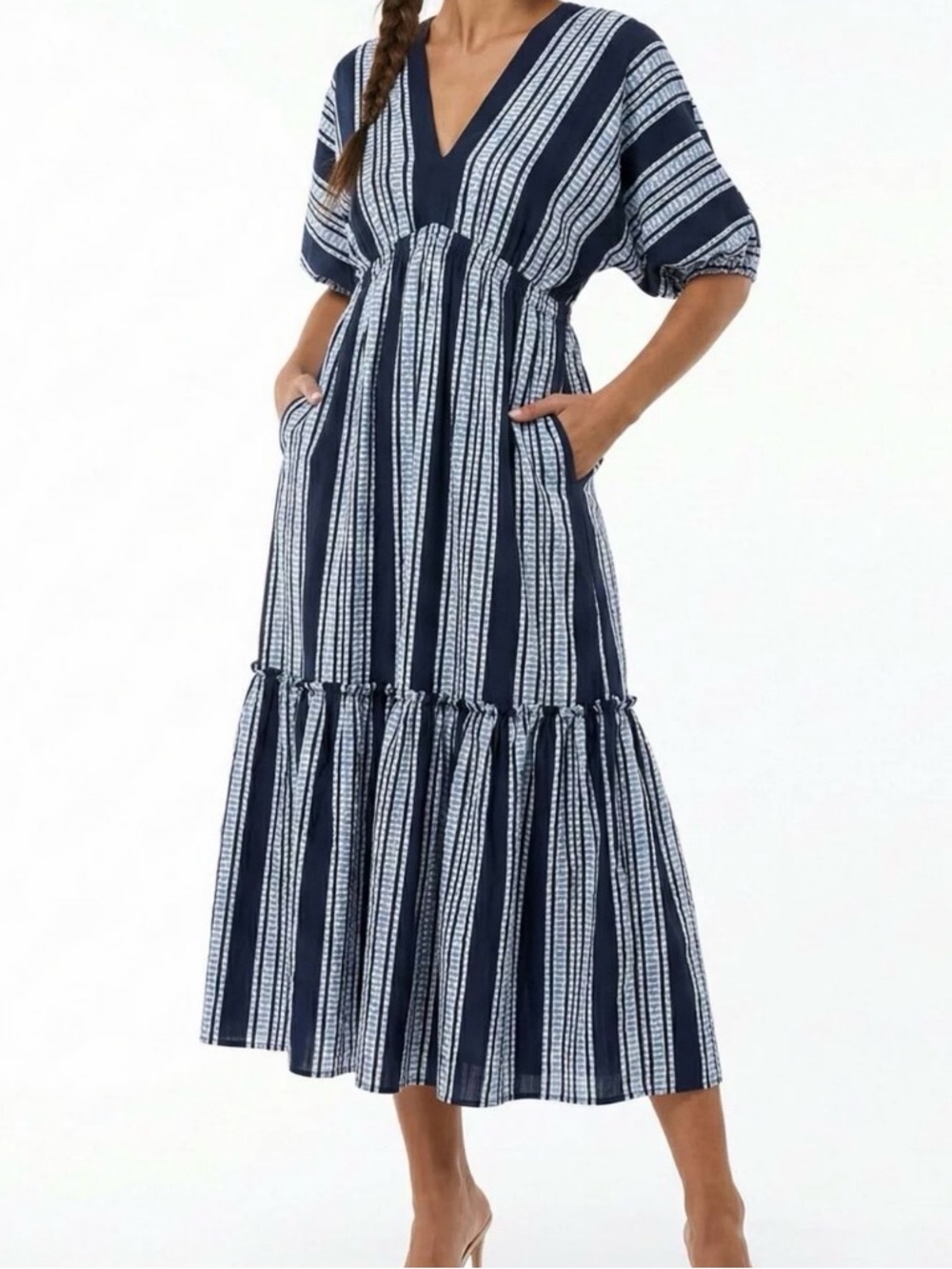 Taylor Navy and White Striped Midi Dress